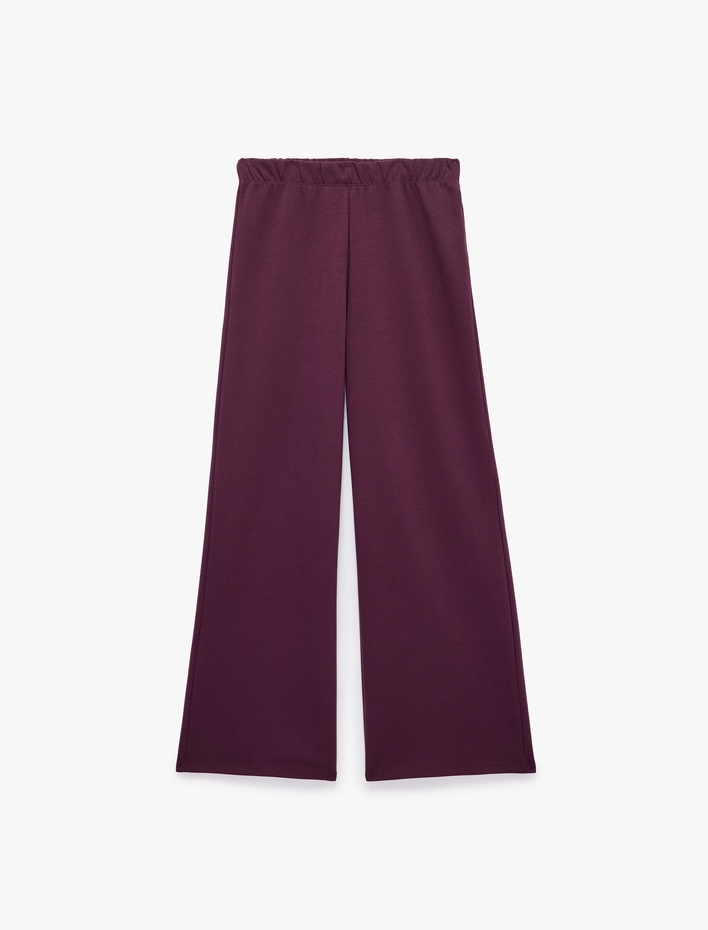  Pamuklu Beli Lastikli Mürdüm Rengi Düz Bol Paça Pantolon