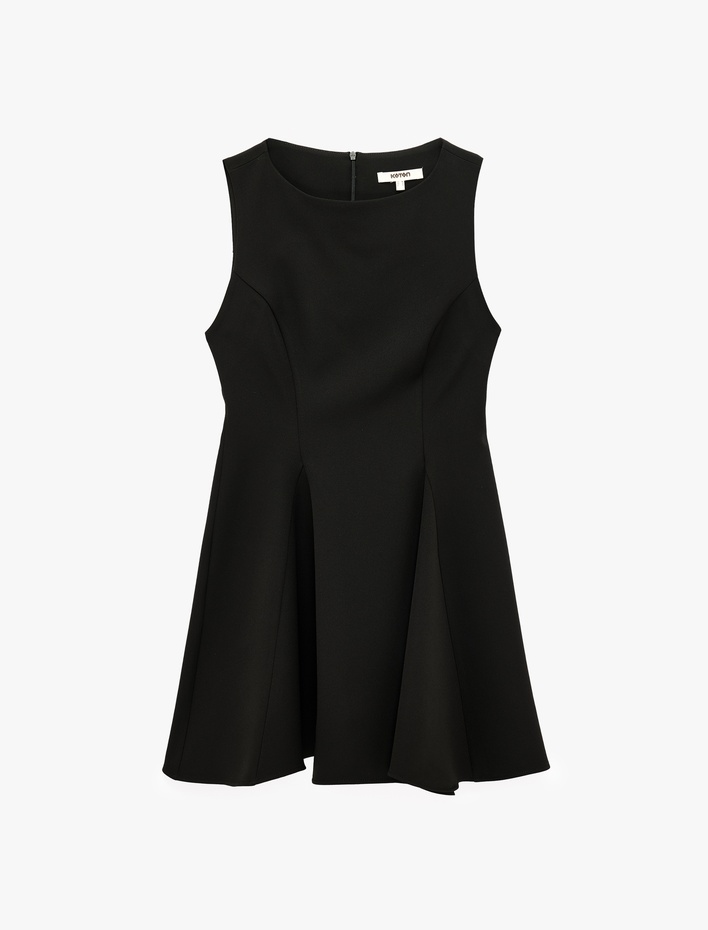  Slim Fit Bisiklet Yaka Kolsuz Mini Kloş Peplum Elbise