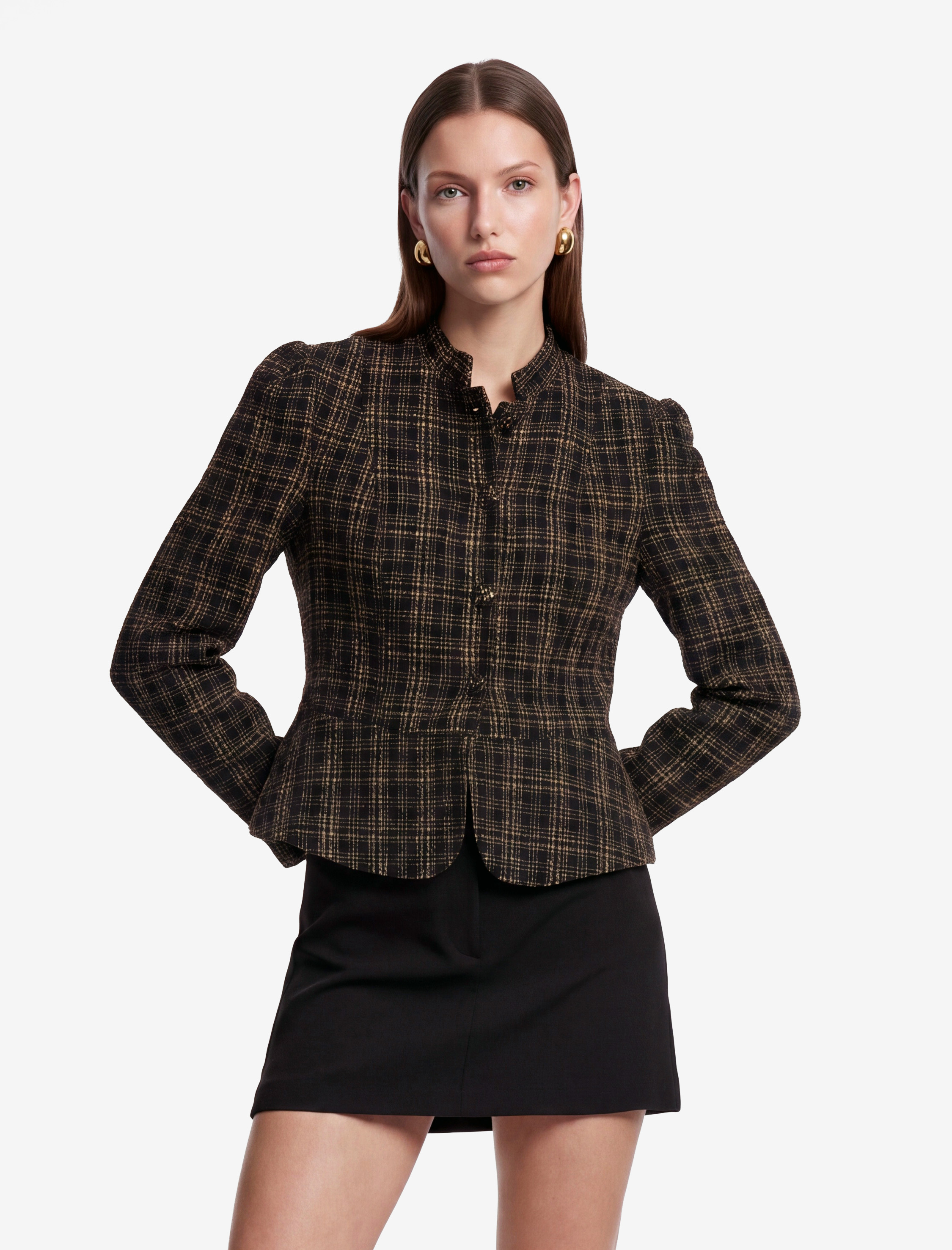   Uzun Kollu Düğmeli Dik Yaka Tüvit Peplum Ekose Ceket