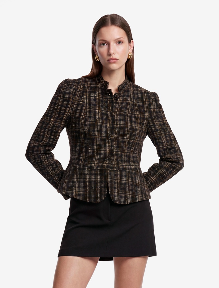  Uzun Kollu Düğmeli Dik Yaka Tüvit Peplum Ekose Ceket