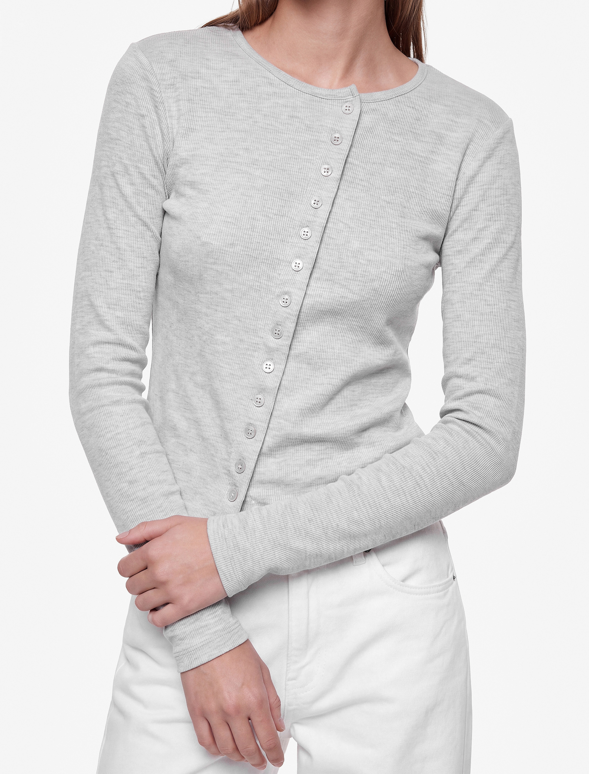   Slim Fit Pamuklu Bisiklet Yaka Asimetrik Düğmeli Uzun Kollu Tişört