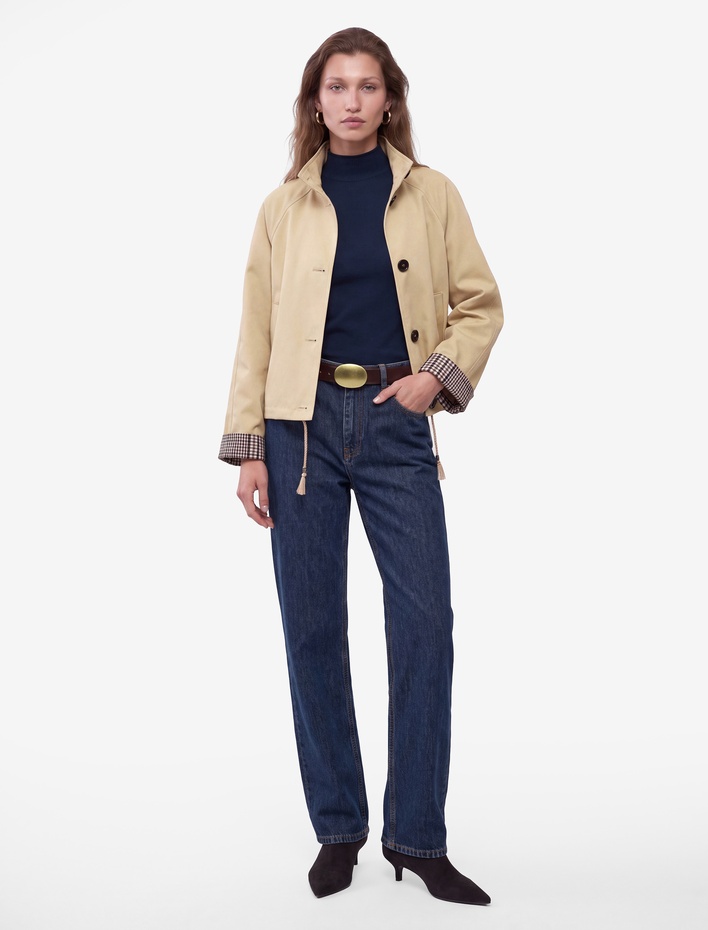  Uzun Kollu Düğmeli Ekose Astarlı Oversize Gabardin Dik Yaka Kısa Trençkot