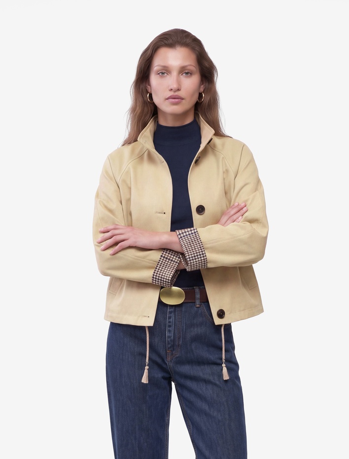  Uzun Kollu Düğmeli Ekose Astarlı Oversize Gabardin Dik Yaka Kısa Trençkot