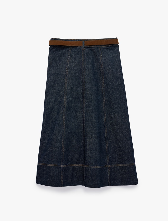 Pamuklu Normal Bel Kemerli Uzun Denim Etek
