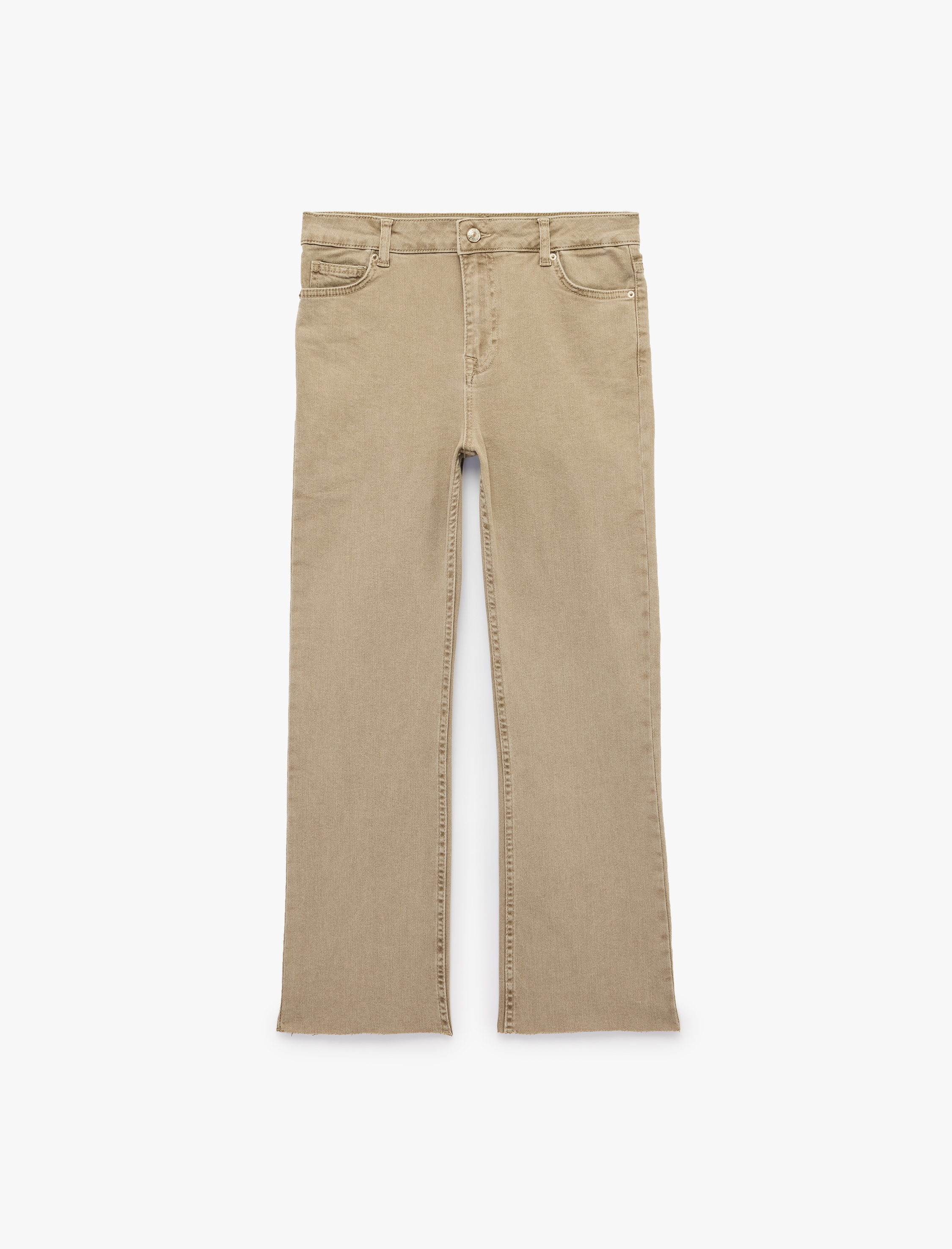   Pamuklu Normal Bel Düğmeli Dar Kesim Kısa İspanyol Paça Pantolon -Kick Flare Jeans