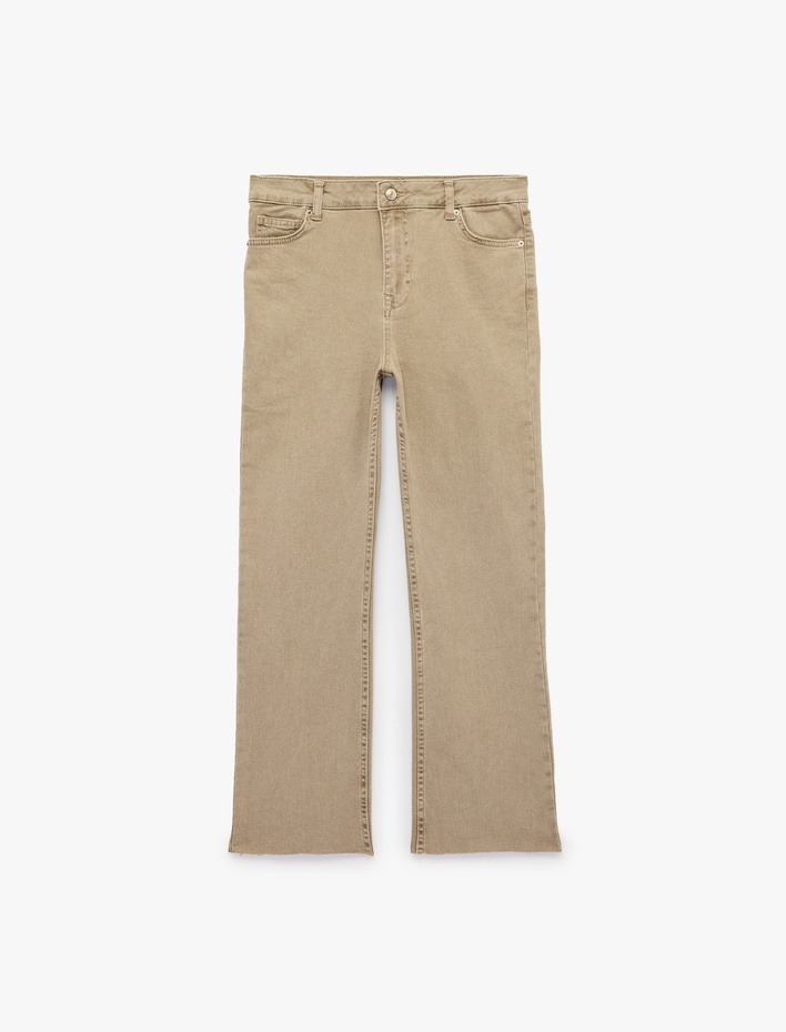  Pamuklu Normal Bel Düğmeli Dar Kesim Kısa İspanyol Paça Pantolon -Kick Flare Jeans