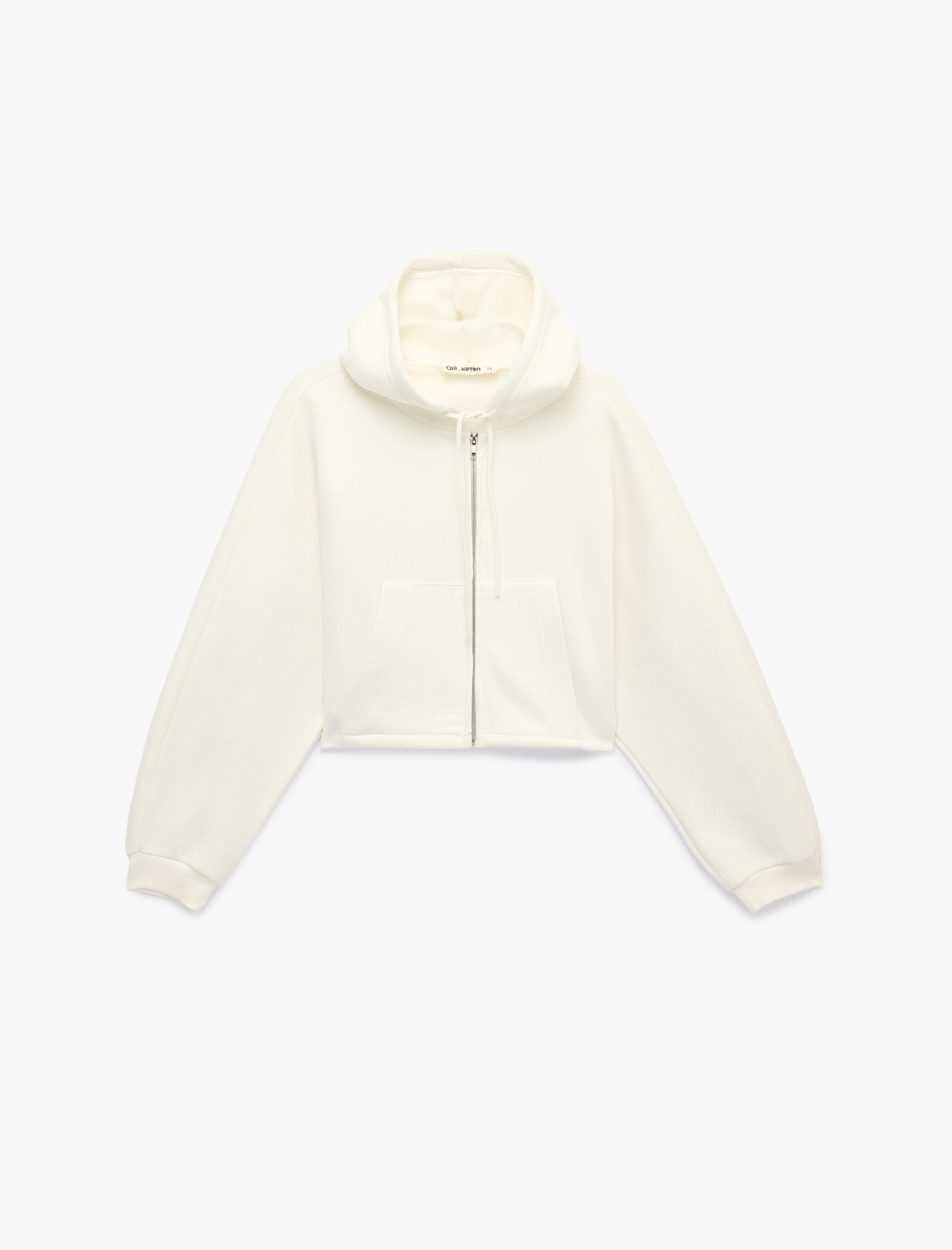   Şardonlu Kanguru Cepli Arkası Baskılı Cepli Simli Kapüşonlu Fermuarlı Crop Sweatshirt