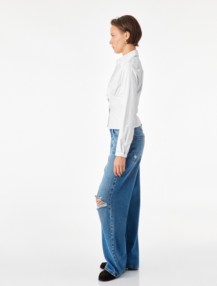  Slim Fit Uzun Kollu Korse Detaylı Poplin Gömlek