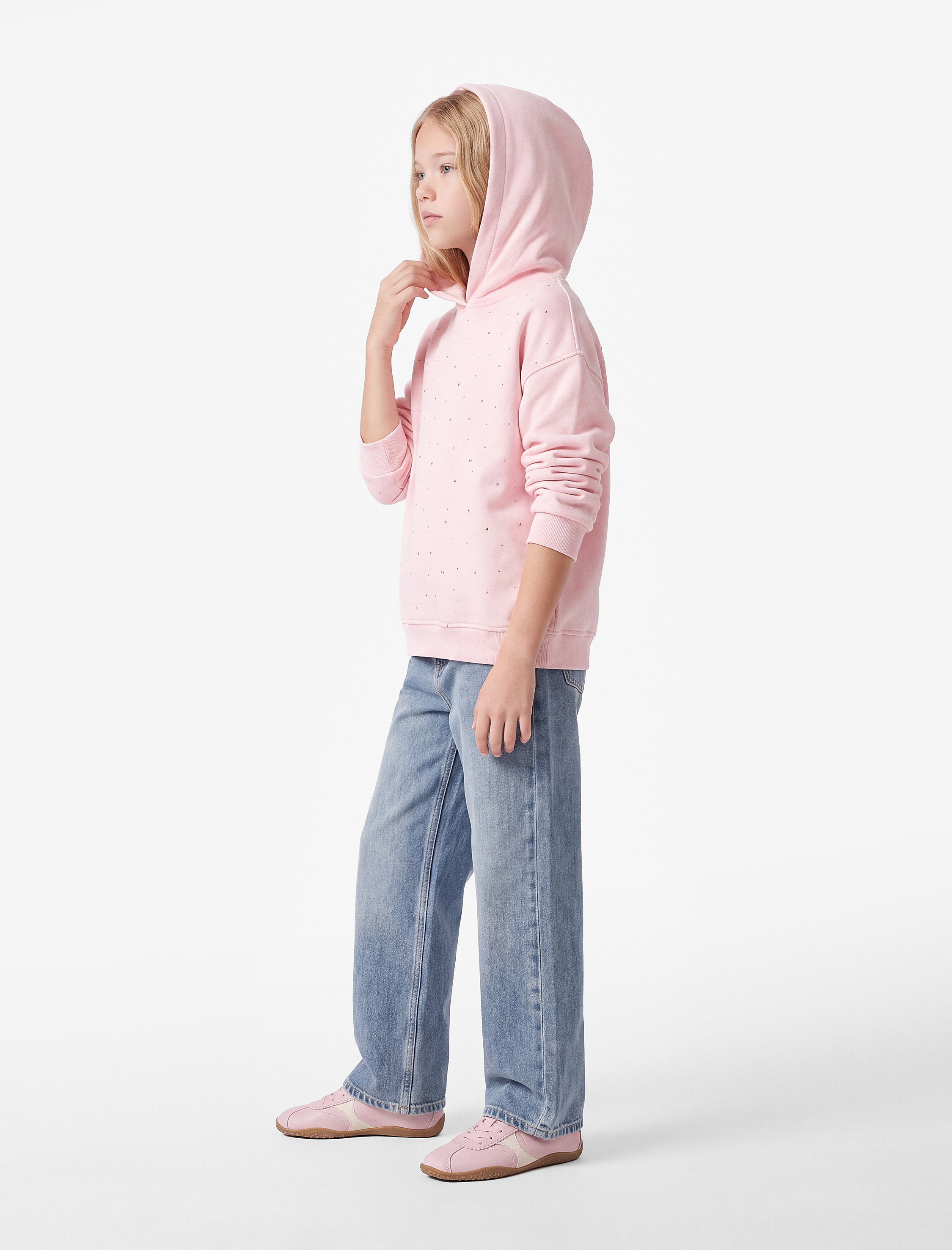  Kız Çocuk Şardonlu Yıldız Zımbalı Uzun Kollu Oversize Kapşonlu Sweatshirt