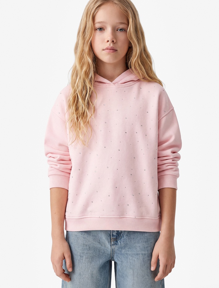 Kız Çocuk Şardonlu Yıldız Zımbalı Uzun Kollu Oversize Kapşonlu Sweatshirt