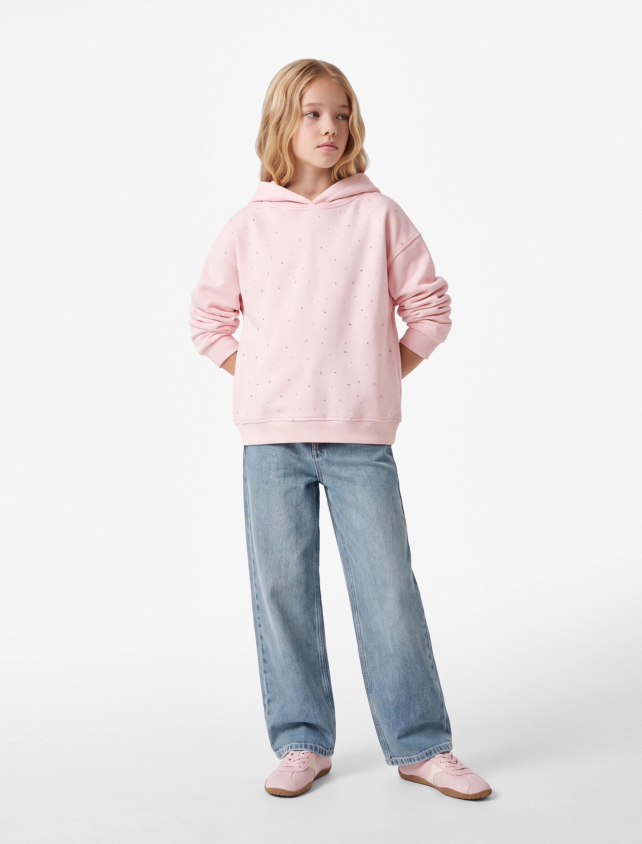  Kız Çocuk Şardonlu Yıldız Zımbalı Uzun Kollu Oversize Kapşonlu Sweatshirt