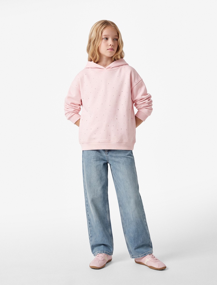 Kız Çocuk Şardonlu Yıldız Zımbalı Uzun Kollu Oversize Kapşonlu Sweatshirt