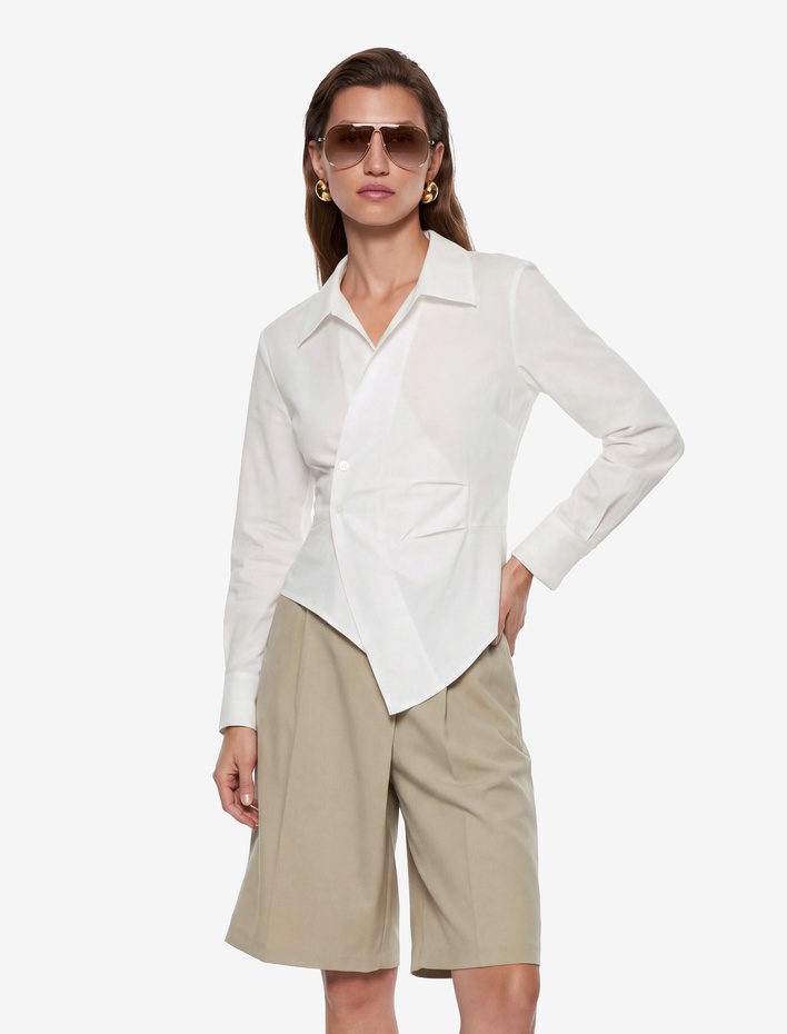 Drapeli Slim Fit Pamuklu Asimetrik Kruvaze Uzun Kollu Poplin Gömlek