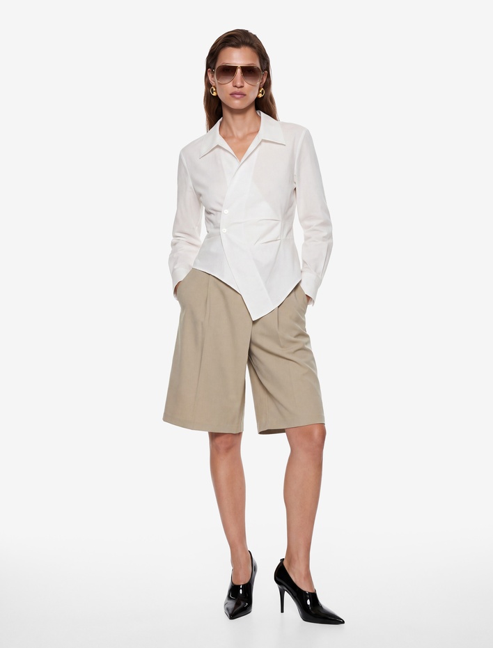  Drapeli Slim Fit Pamuklu Asimetrik Kruvaze Uzun Kollu Poplin Gömlek
