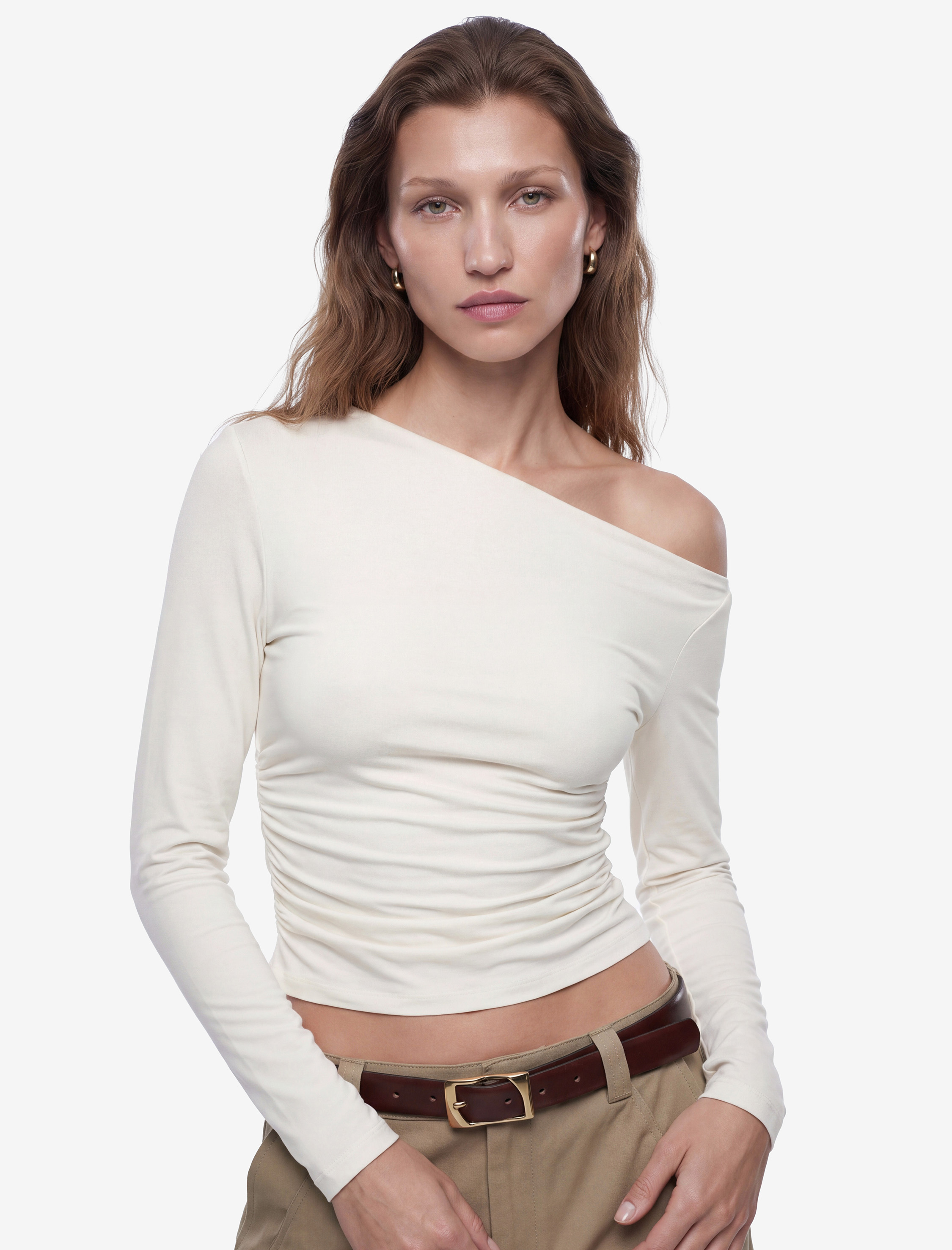   Slim Fit Viskon Uzun Kollu Asimetrik Yaka Tişört