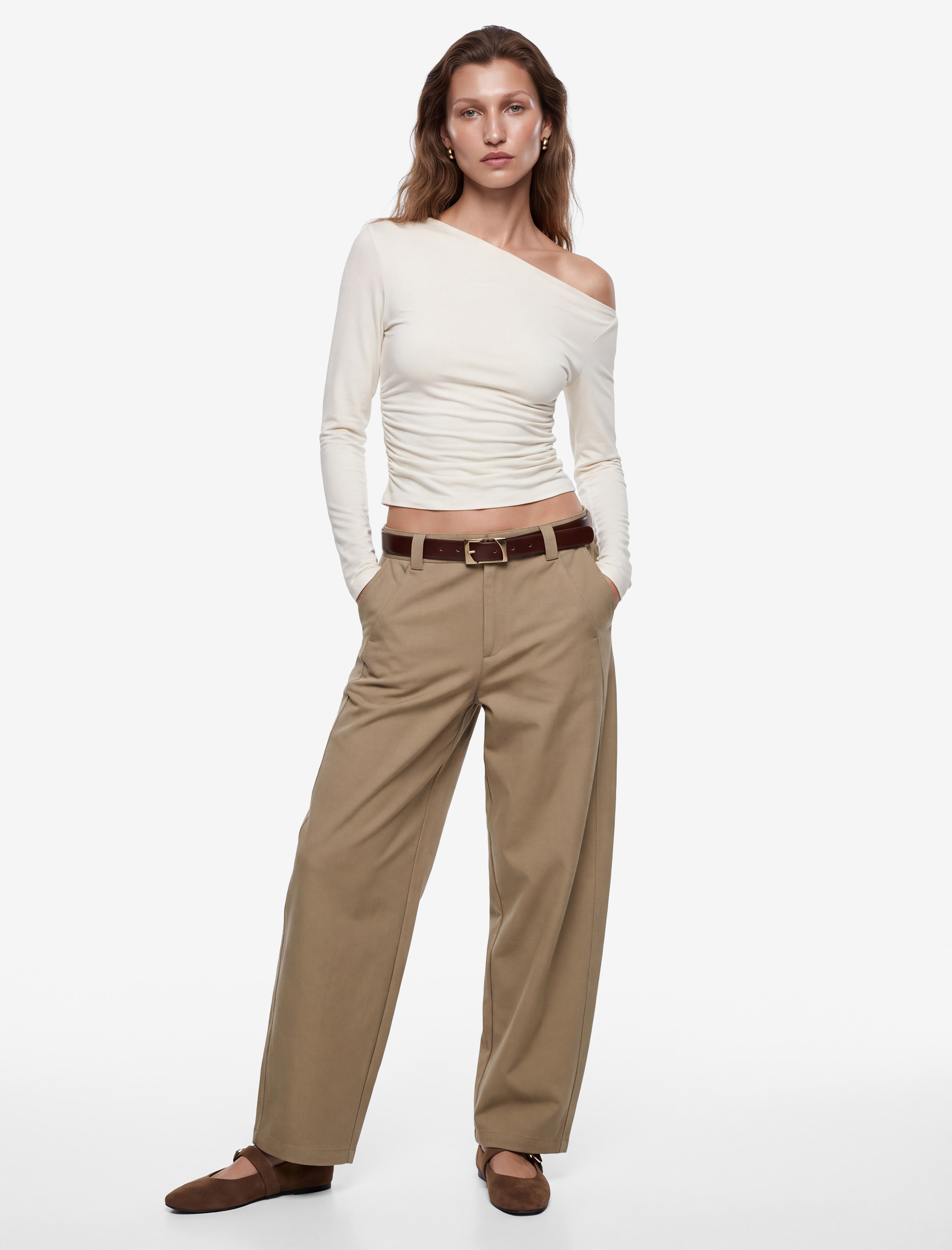   Slim Fit Viskon Uzun Kollu Asimetrik Yaka Tişört