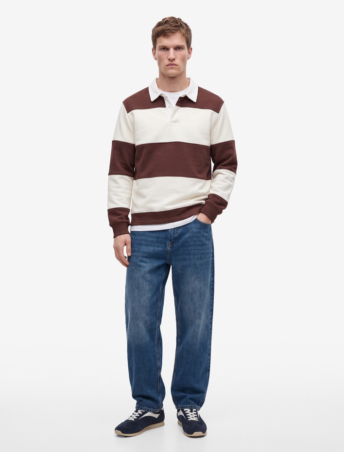  Uzun Kollu Üç İplik Şardonlu Düğmeli Çizgili Polo Yaka Sweatshirt
