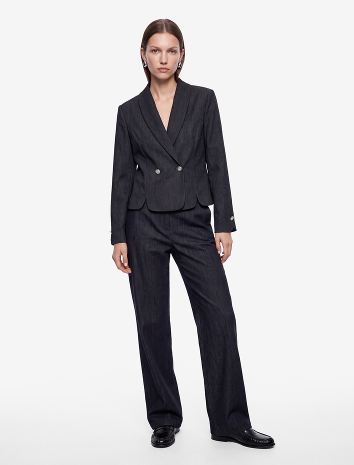  Slim Fit Uzun Kollu Düğmeli Şal Yaka Kruvaze Blazer Ceket