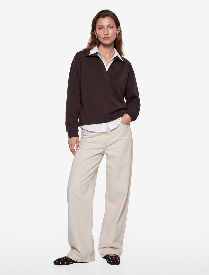  Modal Kumaş Polo Yaka Uzun Kollu Boxy Sweatshirt