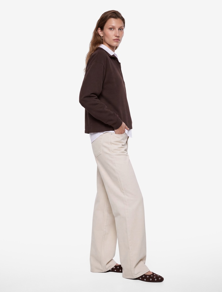  Modal Kumaş Polo Yaka Uzun Kollu Boxy Sweatshirt