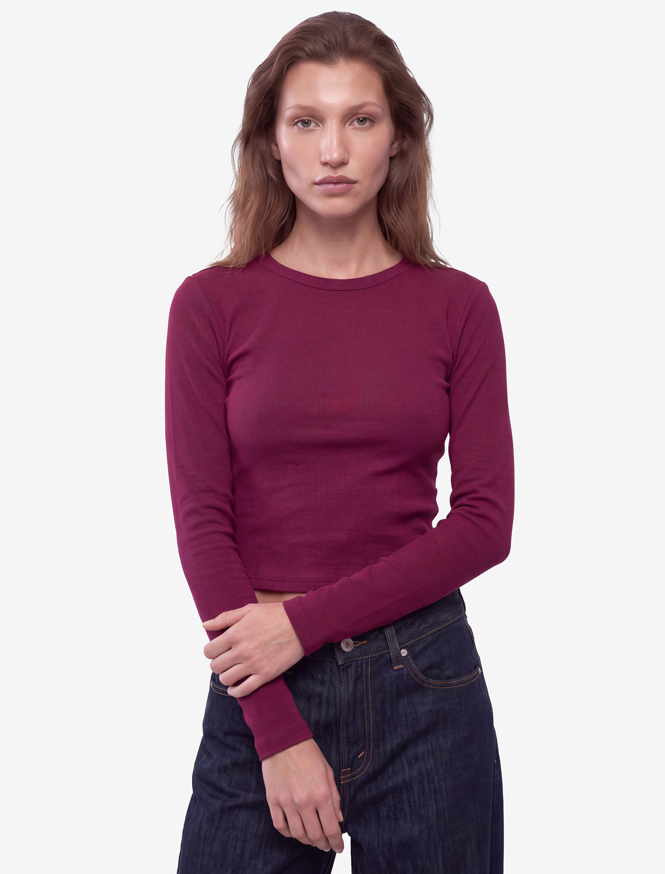   Slim Fit Kaşkorse Pamuk Karışımlı Bisiklet Yaka Uzun Kollu Basic Tişört