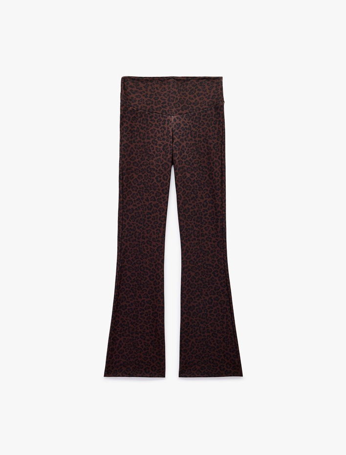  İspanyol Paça Spor Tayt Leopar Desenli Slim Fit Yumuşak Tuşe Yüksek Bel