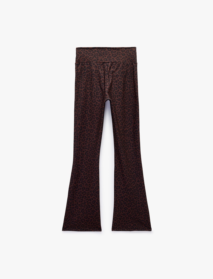  İspanyol Paça Spor Tayt Leopar Desenli Slim Fit Yumuşak Tuşe Yüksek Bel