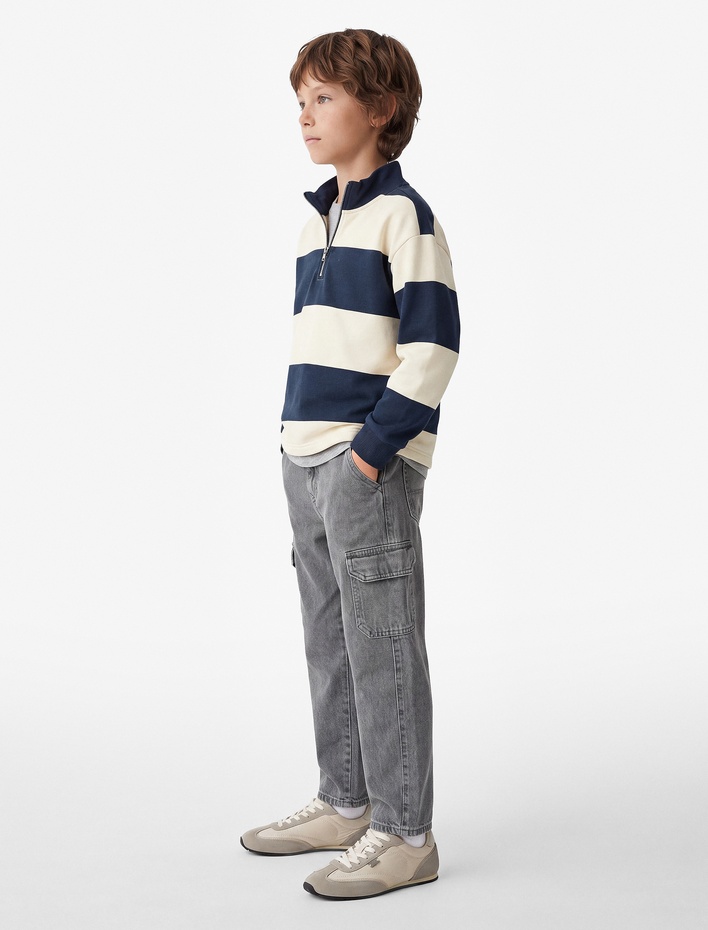Erkek Çocuk Şardonlu Yarım Fermuarlı Uzun Kollu Dik Yaka Oversize Çizgili Sweatshirt