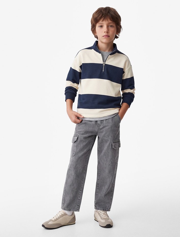 Erkek Çocuk Şardonlu Yarım Fermuarlı Uzun Kollu Dik Yaka Oversize Çizgili Sweatshirt