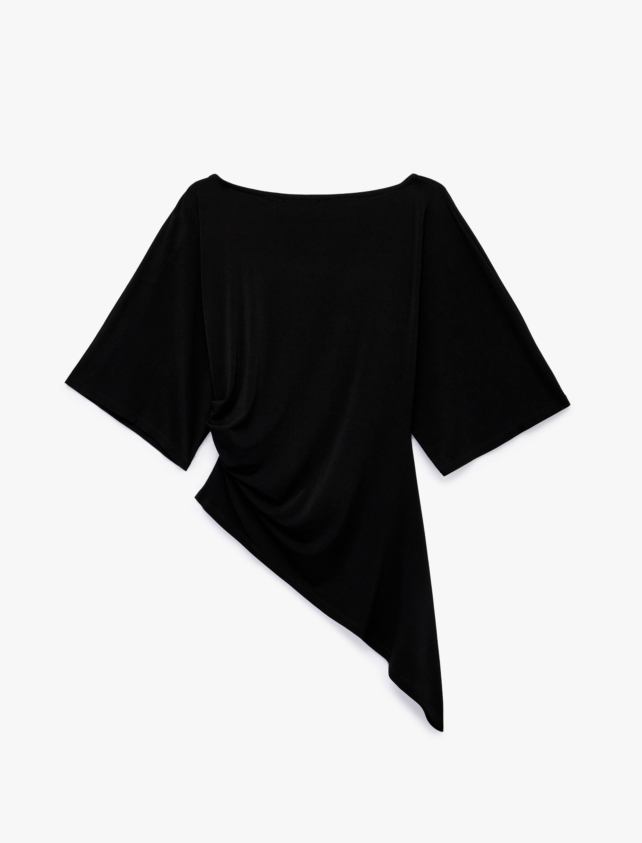   Slim Fit Asimetrik Kesim Kayık Yaka Drapeli Kısa Kollu Bluz