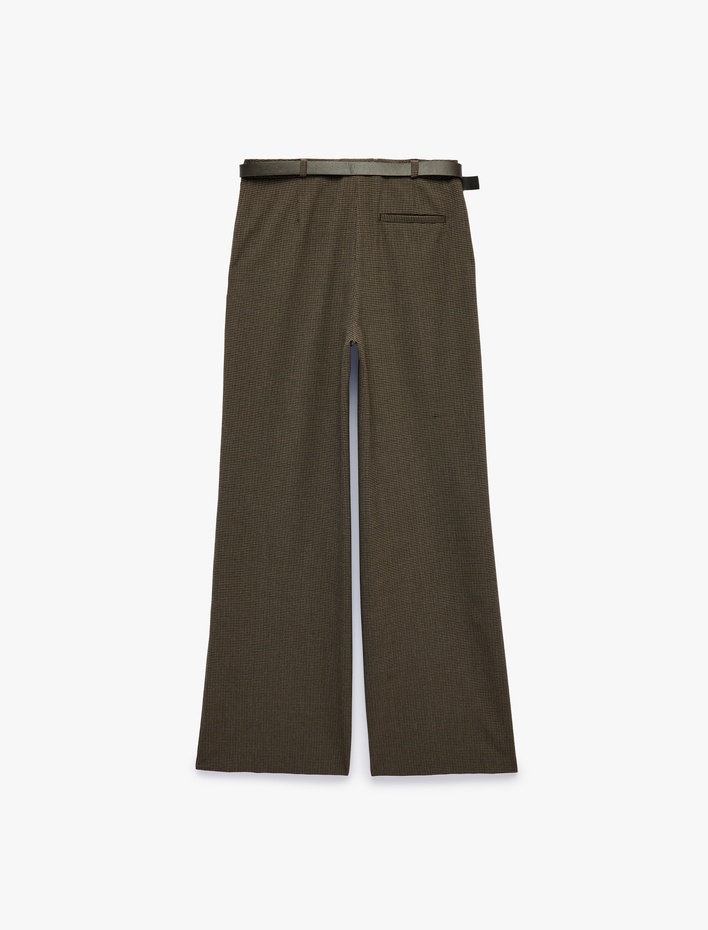  Cepli Straight Kesim Mikro Ekose Desenli Kemerli Pantolon