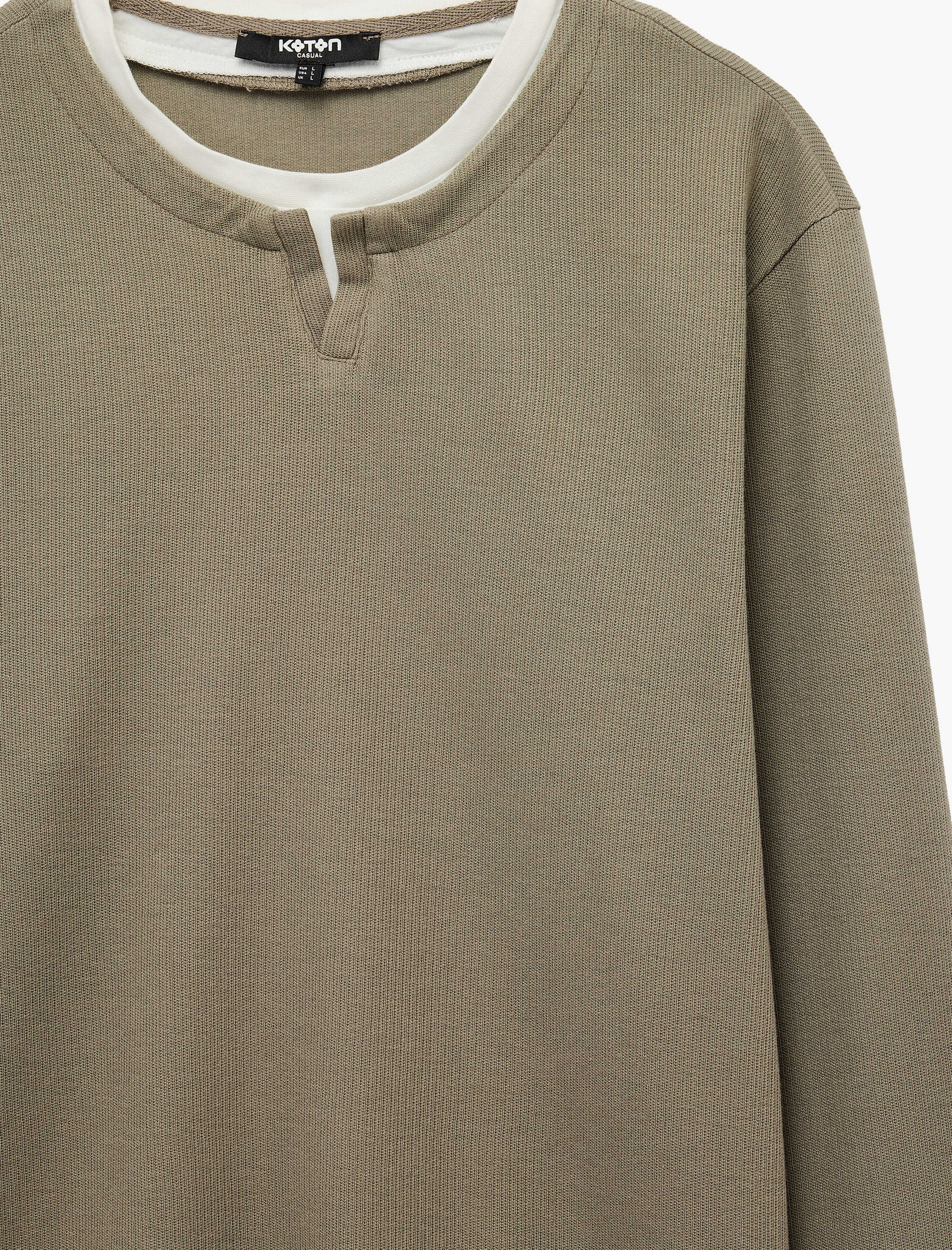   Pamuklu Pike Kumaş Hakim Yaka Uzun Kollu Sweatshirt