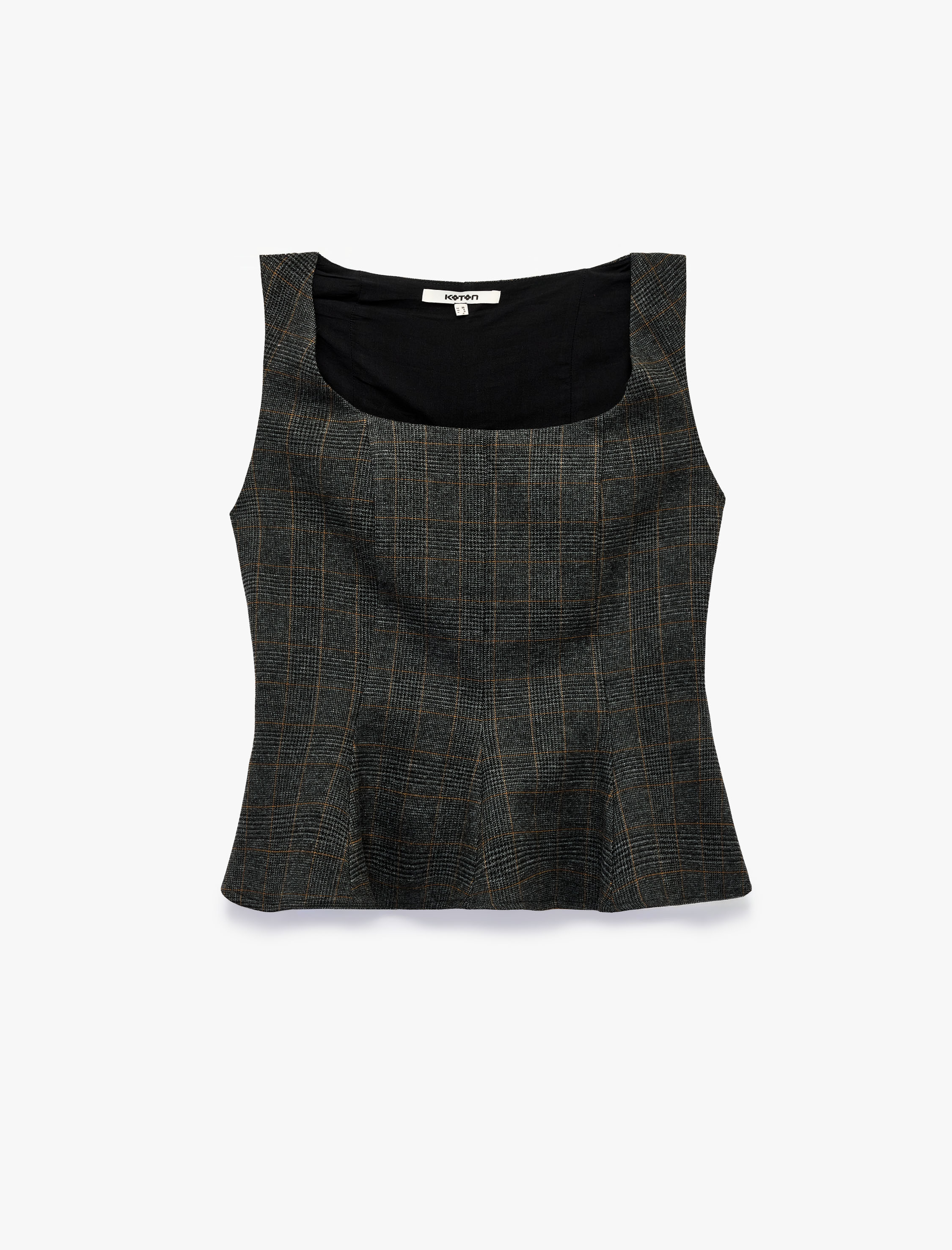   Peplum Kesim Kolsuz Kare Yaka Kolsuz Ekose Bluz