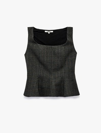 Peplum Kesim Kolsuz Kare Yaka Kolsuz Ekose Bluz