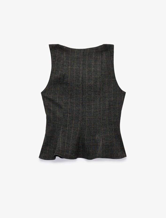  Peplum Kesim Kolsuz Kare Yaka Kolsuz Ekose Bluz