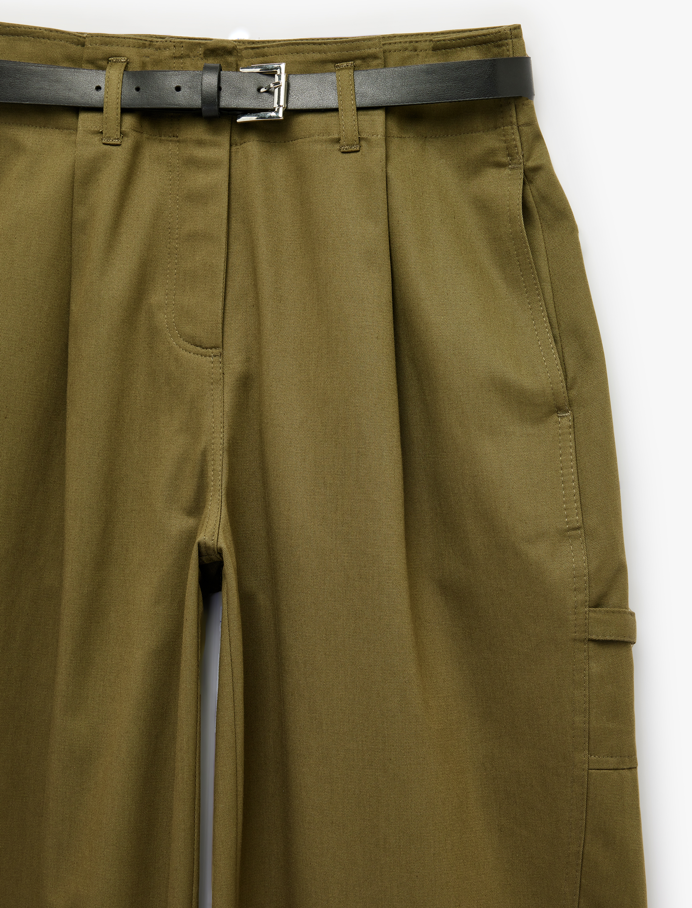   Kemerli Kargo Cepli Gabardin Barrel Pantolon