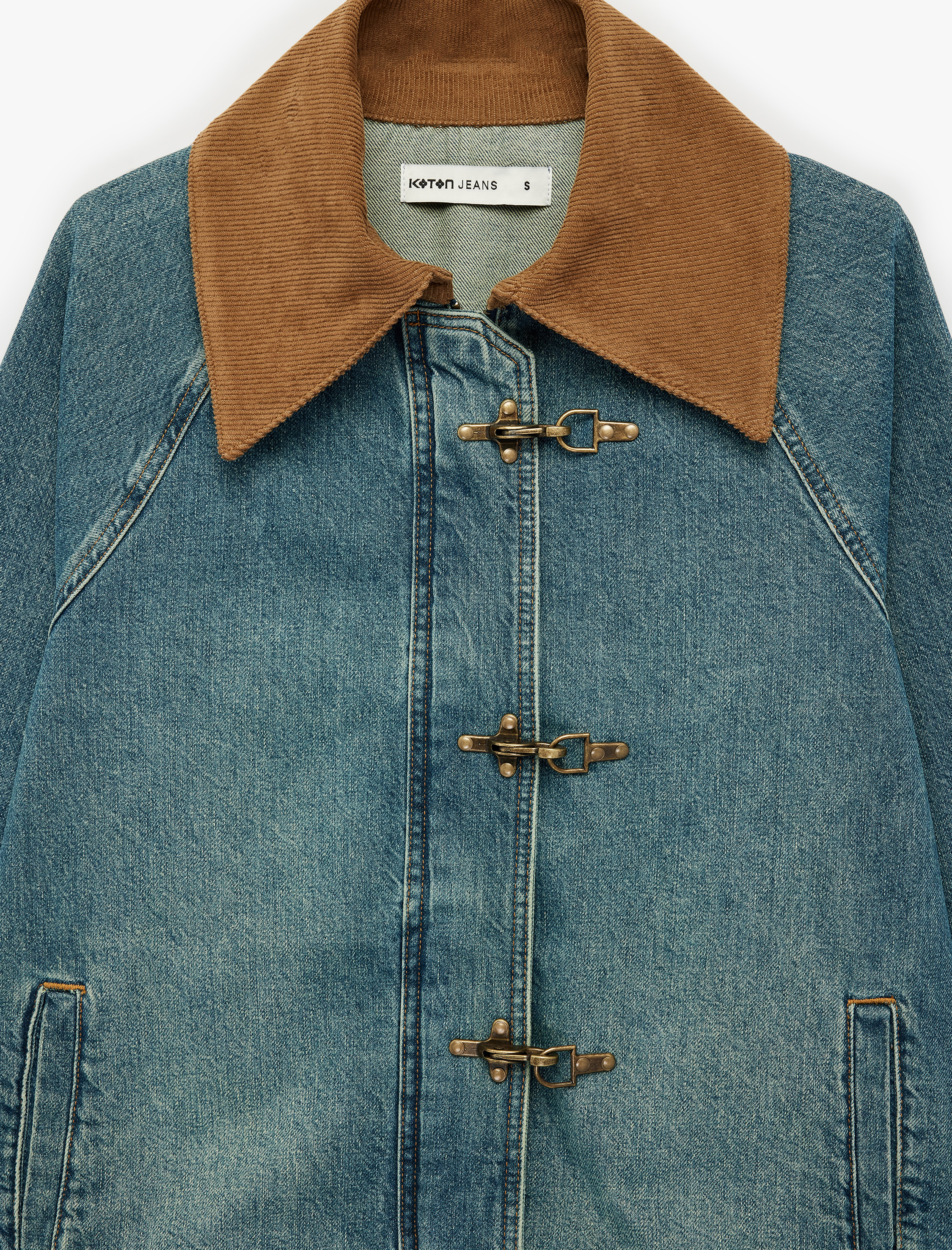   Metal Kopçalı Klasik Kadife Yaka Uzun Kollu Fermuarlı Denim Ceket