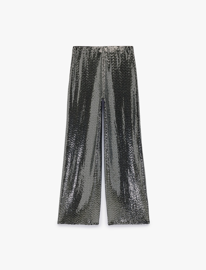  Straight Fit Metalik İplikli Pullu Payetli Pantolon