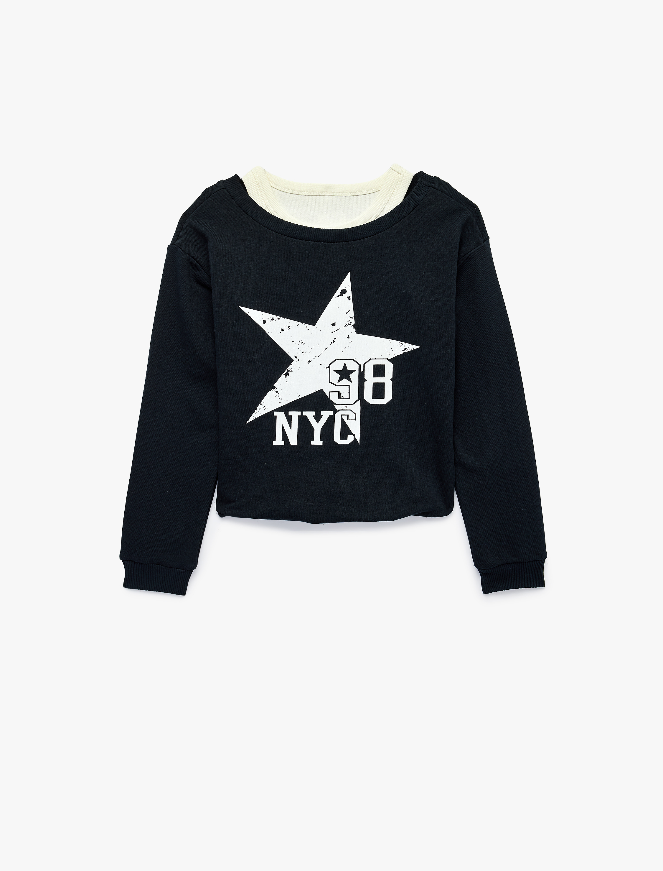  Kız Çocuk Pamuklu Kayık Yaka Uzun Kollu Yıldız Baskılı Sweatshirt
