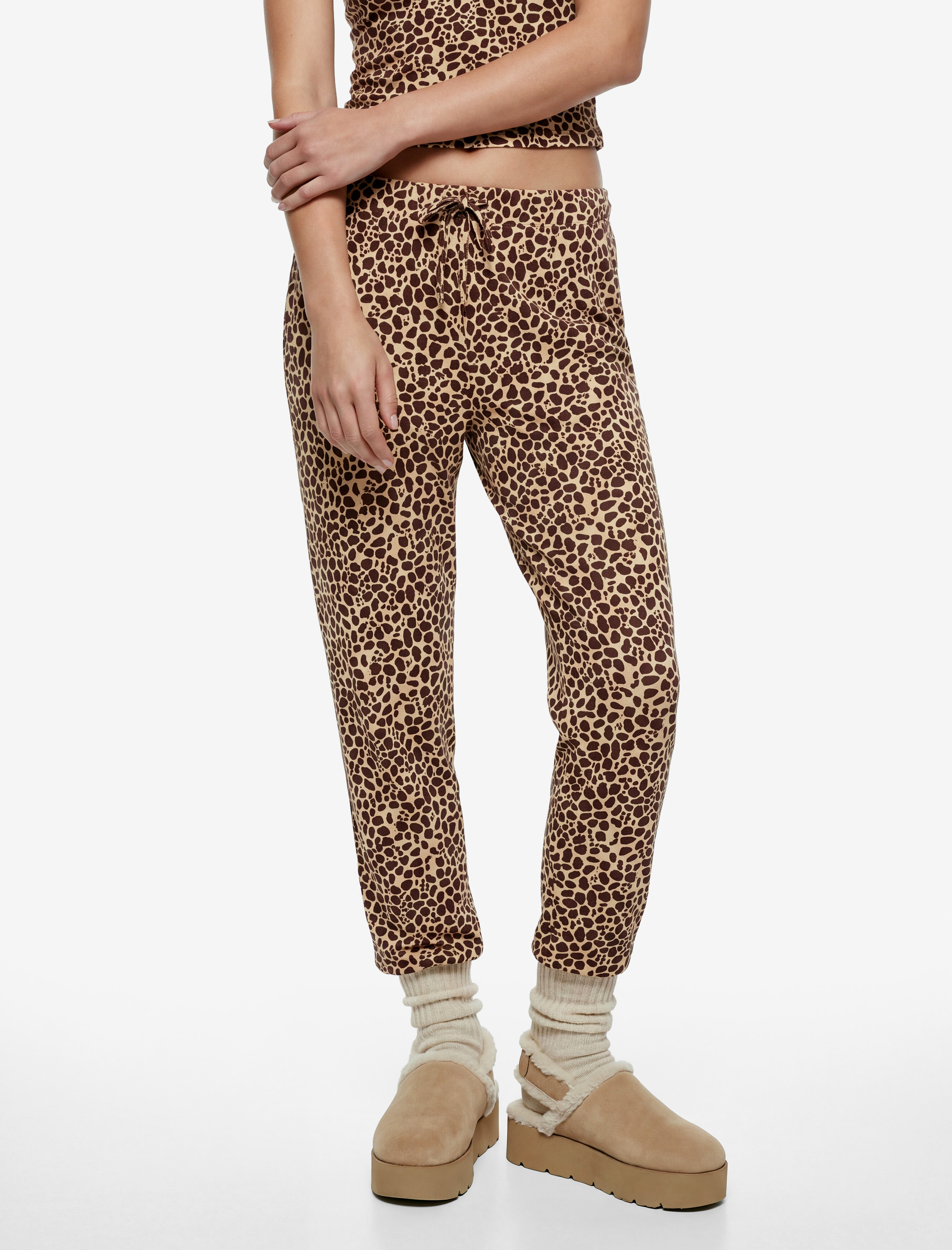   Leopar Desenli Beli Bağcıklı Yan Cepli Rahat Kesim Pijama Altı