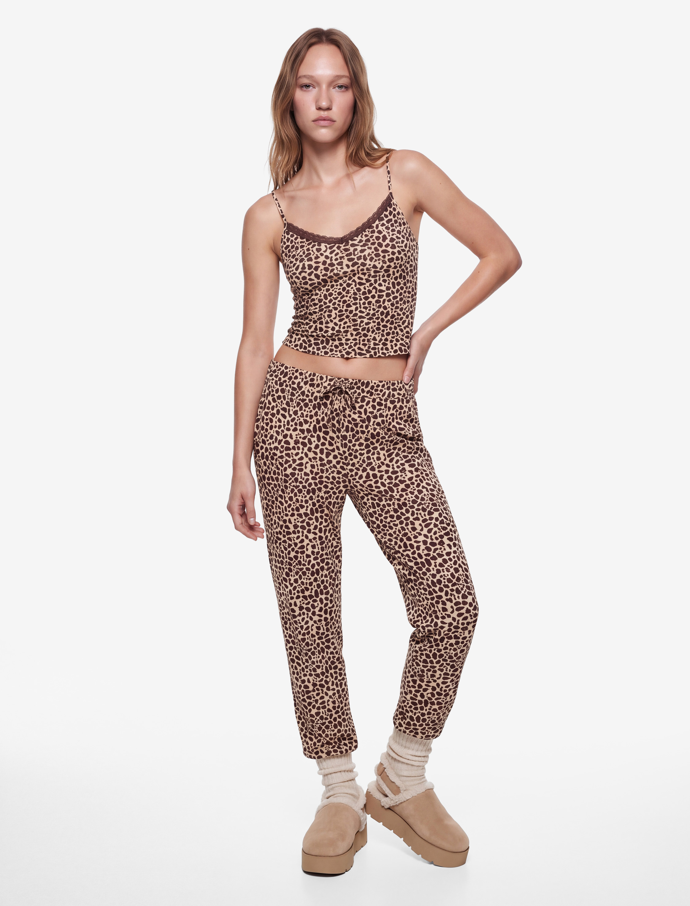   Leopar Desenli Beli Bağcıklı Yan Cepli Rahat Kesim Pijama Altı