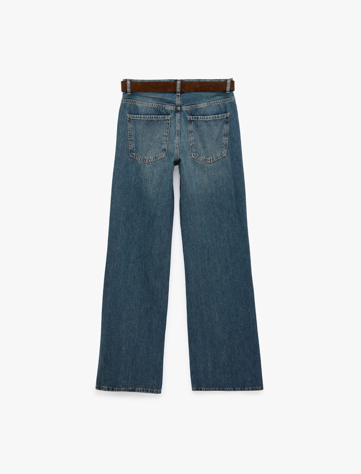  Kemerli Cepli Normal Bel İspanyol Paça Denim Pantolon - Flare Jeans