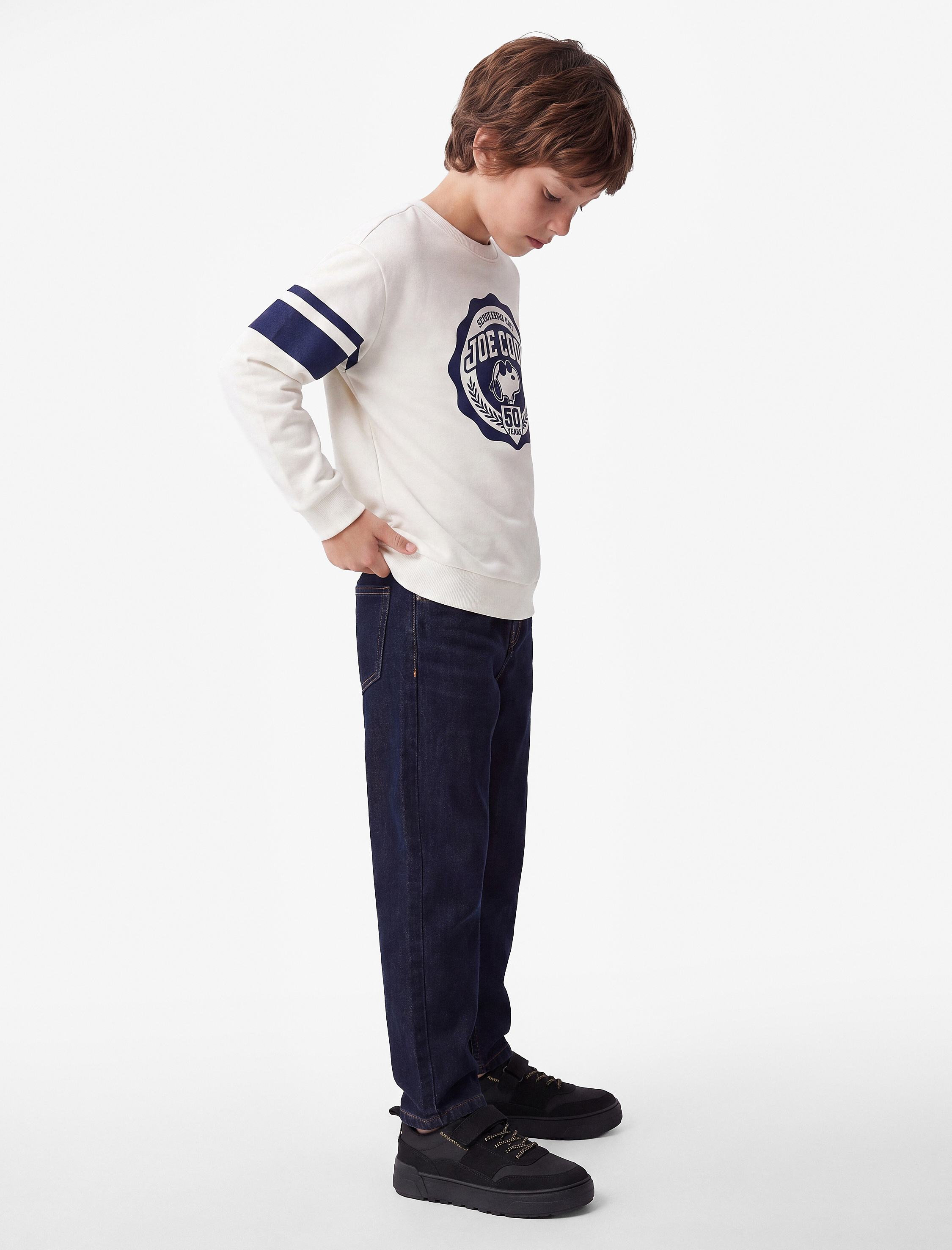  Erkek Çocuk Snoopy Baskılı Uzun Kollu Bisiklet Yaka Şardonlu Lisanslı Sweatshirt