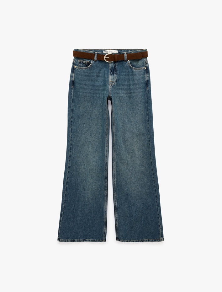  Kemerli Cepli Normal Bel İspanyol Paça Denim Pantolon - Flare Jeans