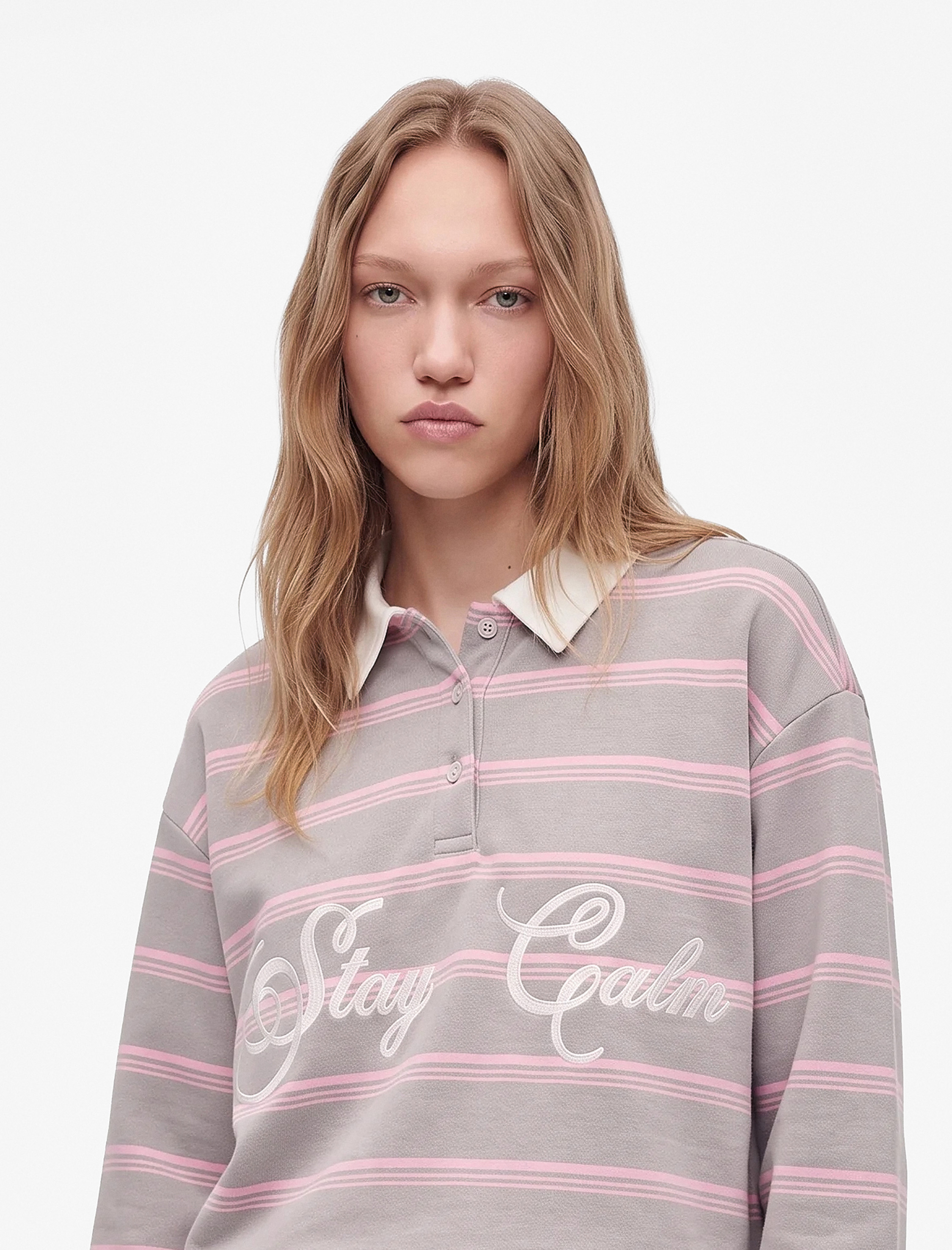   Üç İplik Şardonlu Pamuklu Uzun Kollu Rahat Kalıp Çizgili Polo Yaka Sweatshirt