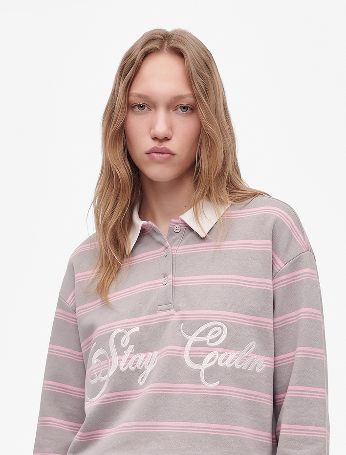  Üç İplik Şardonlu Pamuklu Uzun Kollu Rahat Kalıp Çizgili Polo Yaka Sweatshirt