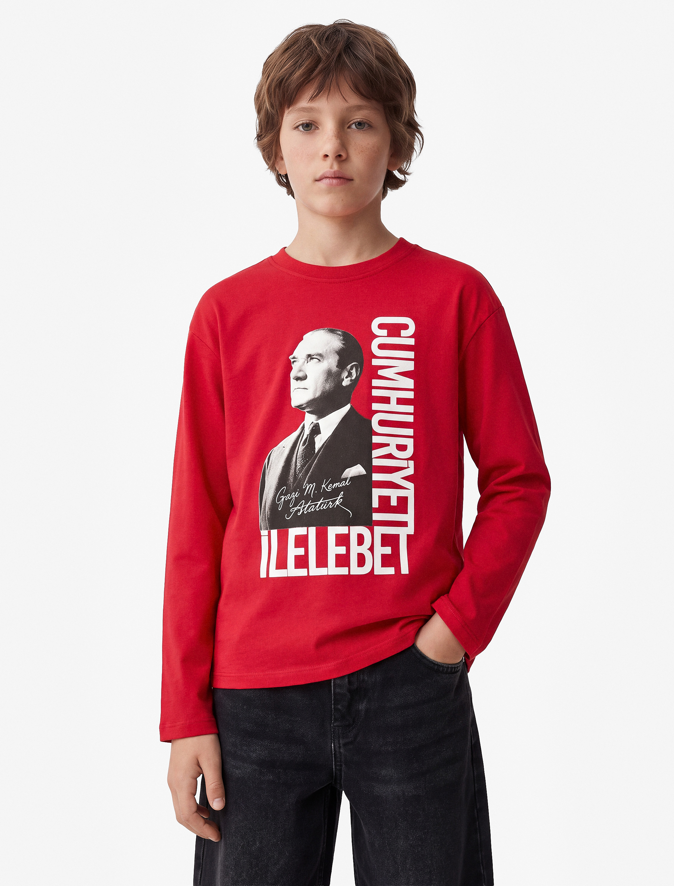  Erkek Çocuk Atatürk Baskılı Bisiklet Yaka Uzun Kollu Sweatshirt