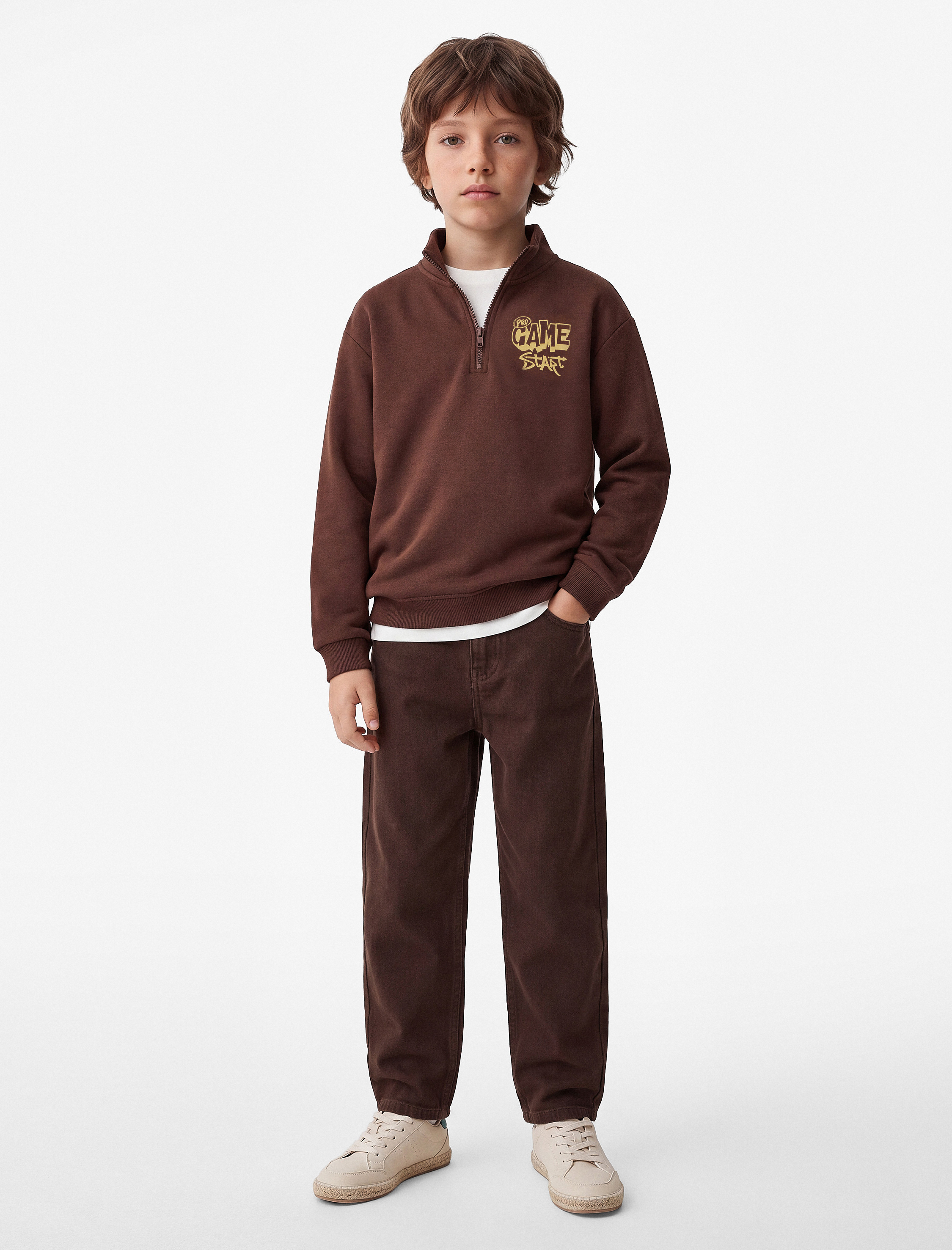  Erkek Çocuk Baskılı Yarım Fermuarlı Şardonlu Uzun Kollu Dik Yaka Sweatshirt