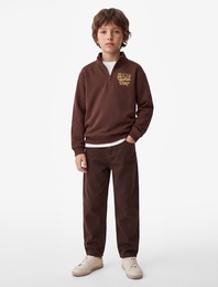 Baskılı Yarım Fermuarlı Şardonlu Uzun Kollu Dik Yaka Sweatshirt