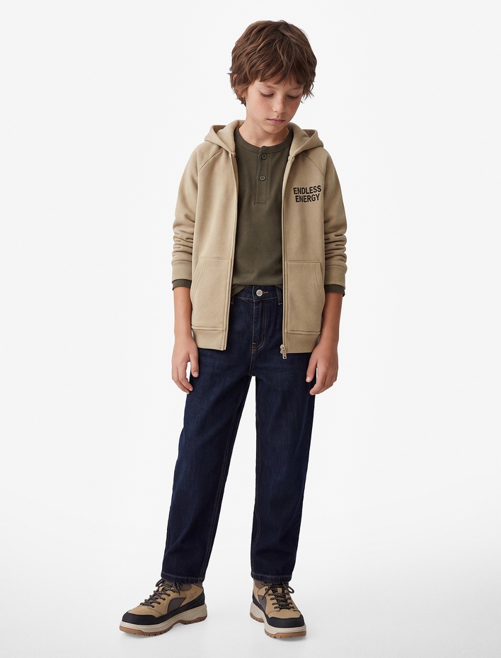 Erkek Çocuk Baskılı Pamuklu Cepli Üç İplik Şardonlu Kapşonlu Fermuarlı Sweatshirt